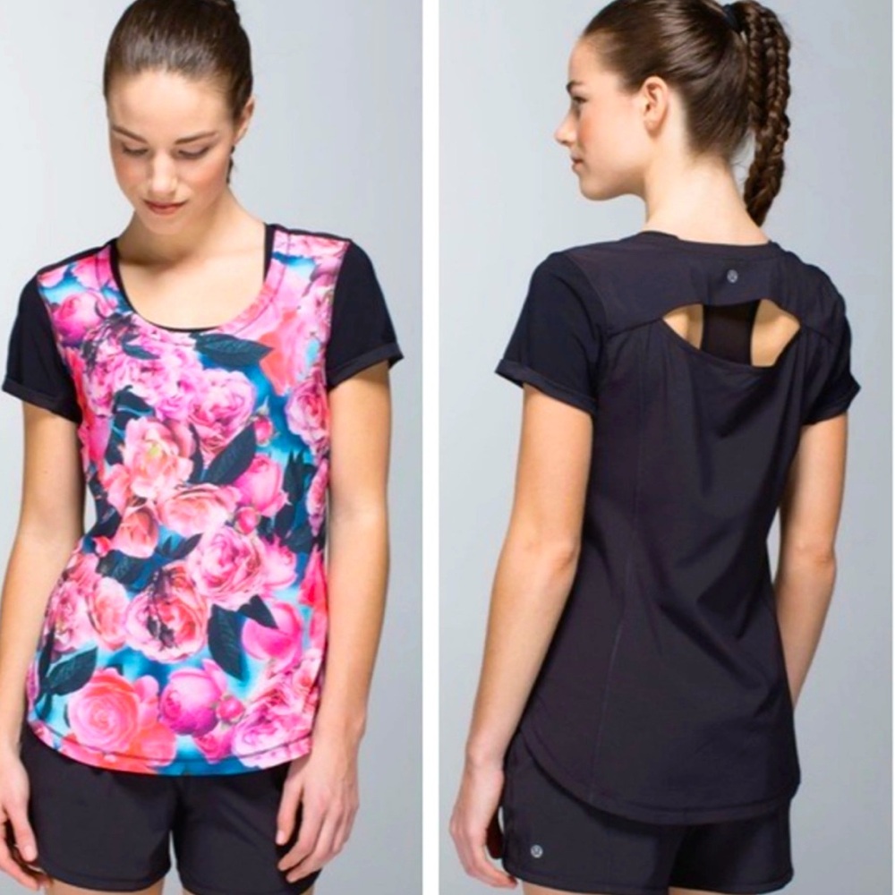 lululemon athletica Black and Pink Floral Short Sleeve Tee